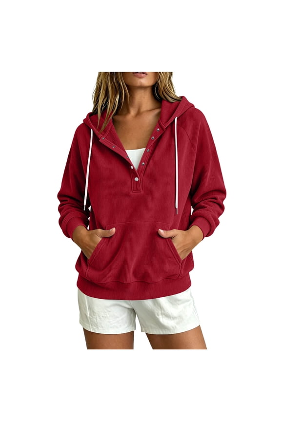 Women's Hooded Sweatshirts Snap Button Drawstring Pocket Loose Long Sleeve Tops for Fall Winter Casual Daily Wear
