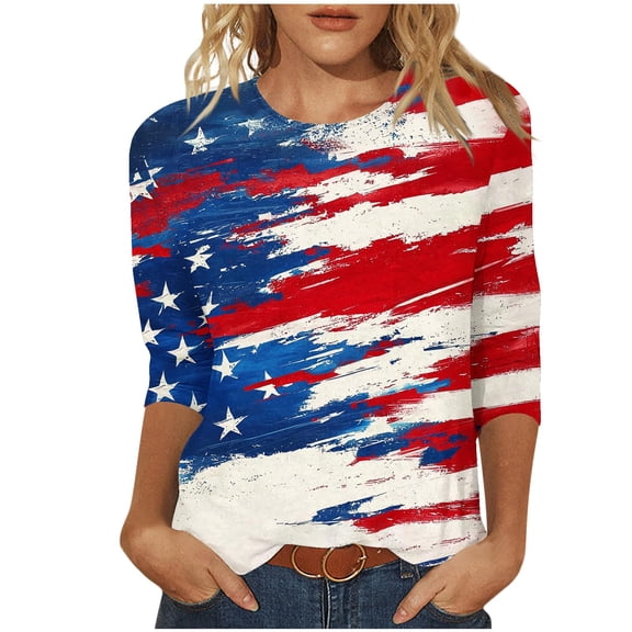 Ruimatai Women's Independence Day Blouse 3/4 Sleeve Round Neck Pullover Top Casual Printed Tunic Shirt Stylish Comfortable Soft Fabric