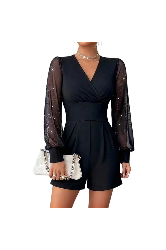 Women's Jumpsuit V-Neck Mesh Long Sleeve High Waist Shorts, Flattering Party Outfit with Glitter Sheer Sleeves and Comfortable Stretch Fabric