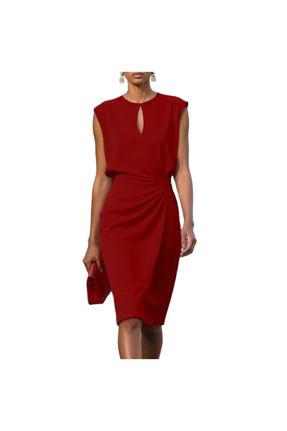 Women's Keyhole Neck Sleeveless Ruched Waist Sheath Midi Dress, Flattering Tailored Office Formal Cocktail Dress with Wrinkle-Resistant Fabric