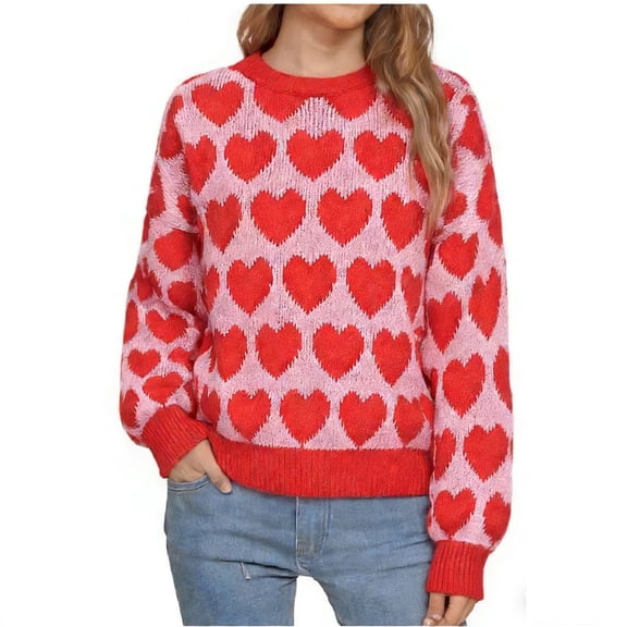 Ruimatai Women's Valentine Heart Print Sweater Round Neck Knitted Pullover Casual Long Sleeve Tops