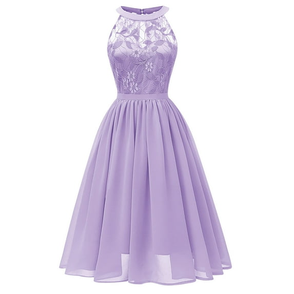 Ruimatai Women's Lace Chiffon Halterneck Dress Vintage Cocktail Party Ballgown Flowy A-Line Summer Sleeveless V-Neck Elegant Prom Dress