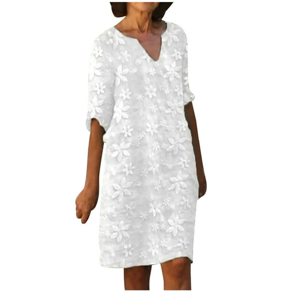 Ruimatai Women's Lace Knee-High Dress Short Sleeve Half Neck Loose Solid Summer Casual Flowy Elegant Party Wear Comfortable Stretchy