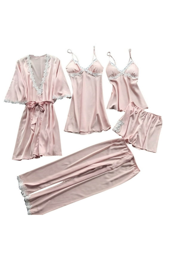 Women's Lace Pajama Set Sexy Satin Nightgown Backless V-Neck Sleepwear 5-Piece Comfortable Homewear for Wife Girlfriend Valentine's Day Gift