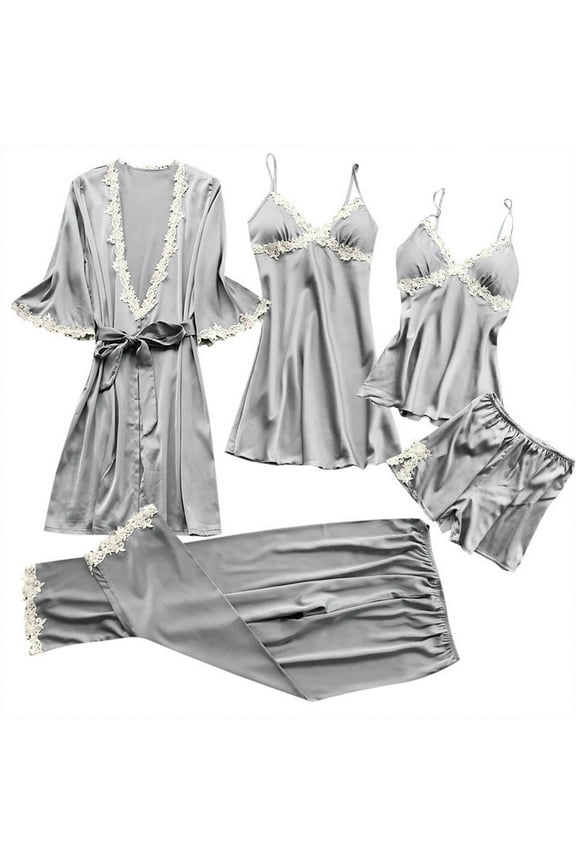 Women's Lace Pajama Set Sexy Satin Nightgown Backless V-Neck Sleepwear 5-Piece Comfortable Homewear for Wife Girlfriend Valentine's Day Gift