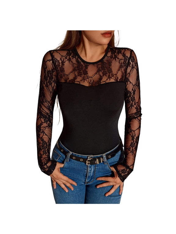 Women's Lace Patchwork Bodysuits Round Neck Long Sleeve Slim Fit Sheer Mesh Fitted Tops for Night Out Daily Club Wear