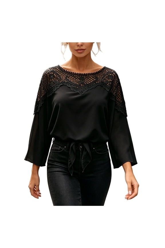 Women's Lace Shoulder Blouses Boat Neck Three Quarter Sleeve Loose Tie Waist Elegant Tops for Office Evening Daily Wear