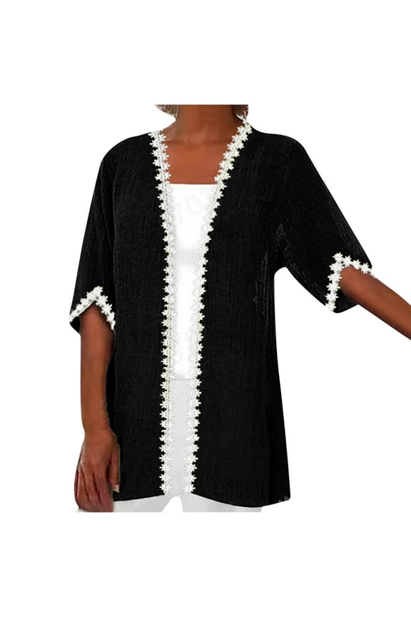 Women's Lightweight Cardigan Summer Open Front Casual Solid Color Kimono Cover Up Soft Breathable Loose Fit 3/4 Sleeve Beach Duster With Pockets