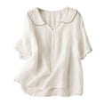 thumbnail image 1 of Ruimatai Women's Linen Cotton Blouse Peter Pan Collar Ruffle Short Sleeve Summer Casual Tops, 1 of 6