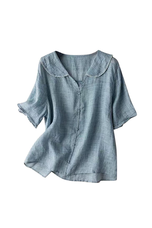 Women's Linen Cotton Blouse Peter Pan Collar Ruffle Short Sleeve Summer Casual Tops