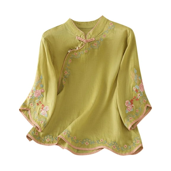 Ruimatai Women's Linen Embroidered Cardigan Casual Button Down Shirt Lightweight Comfortable Round Neck Blouse for Spring Summer