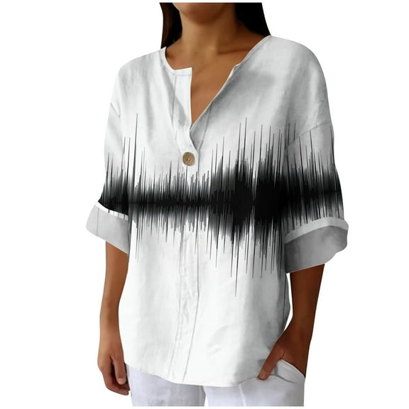 Ruimatai Women's Linen Long Sleeve Shirt V-Neck Button Down Blouse Casual Loose Fit Striped Top Comfortable Fashion Tunic