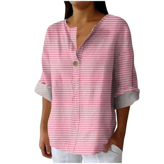Ruimatai Women's Linen Long Sleeve Shirt V-Neck Button Down Blouse Casual Loose Fit Striped Top Comfortable Fashion Tunic