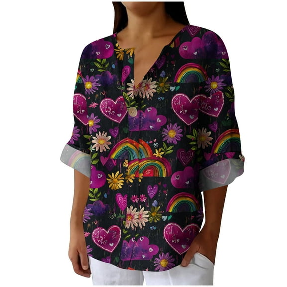 Ruimatai Women's Linen Long Sleeve Shirt V-Neck Button Down Blouse Casual Loose Fit Striped Top Comfortable Fashion Tunic