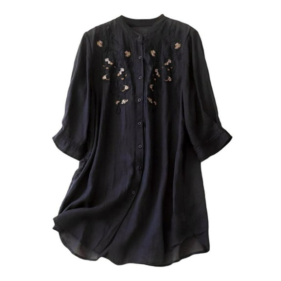 Ruimatai Women's Linen Shirt 3/4 Sleeve Summer Top Casual Loose Fit Embroidered Blouse Lightweight Breathable Sun Protection Beach Cover-Up