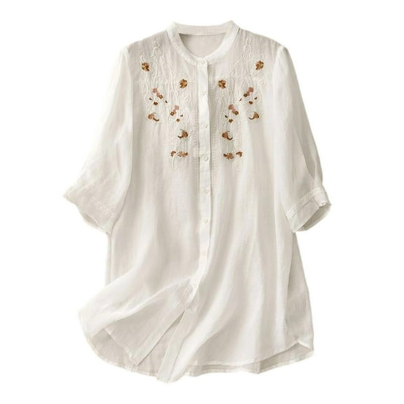 Ruimatai Women's Linen Shirt 3/4 Sleeve Summer Top Lightweight Loose Fit Casual Blouse Beach Cover-Up Sun Protection Comfortable Tunic
