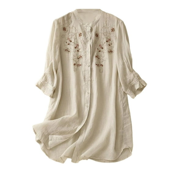 Ruimatai Women's Linen Shirt 3/4 Sleeve Summer Top Lightweight Loose Fit Casual Blouse Beach Cover-Up Sun Protection Comfortable Tunic