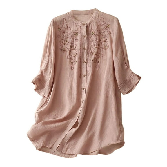 Ruimatai Women's Linen Shirt 3/4 Sleeve Summer Top Lightweight Loose Fit Casual Blouse Beach Cover-Up Sun Protection Comfortable Tunic