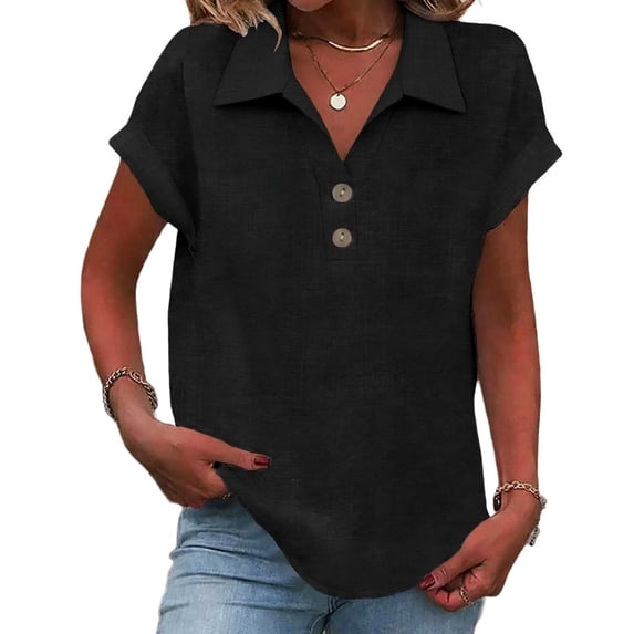 Ruimatai Women's Linen Shirt Short Sleeve Button Down Lapel Blouse Soft Breathable Summer Tops Casual Loose Fit Solid Color Tunic