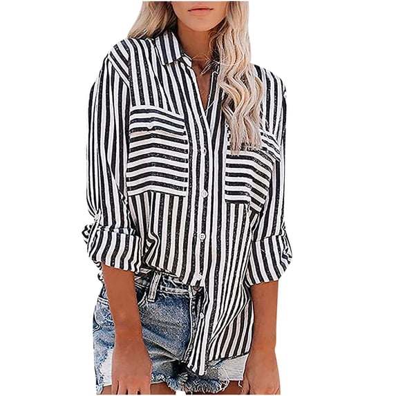 Ruimatai Women's Linen Shirt Striped Casual Long Sleeve Tops Button Down Blouse Comfortable Office Wear Spring Summer Loose Fit Shirt