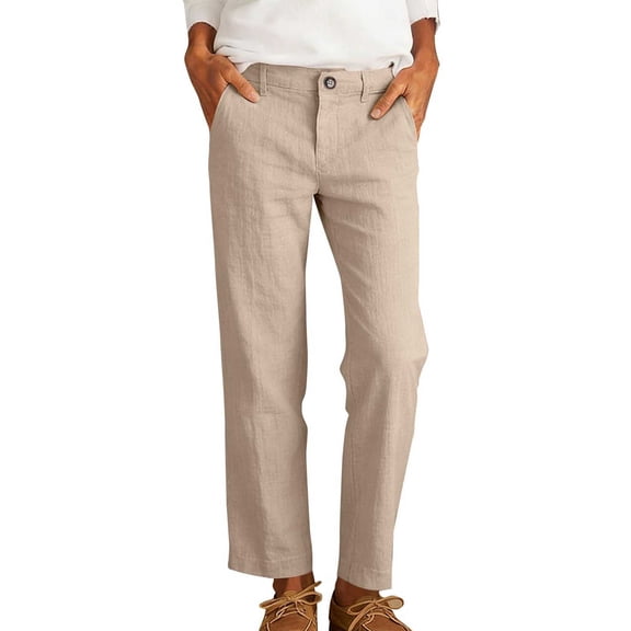 Ruimatai Women's Linen Straight Pants Buttoned Pocketed Casual Trousers for Work Daily & Summer Wear
