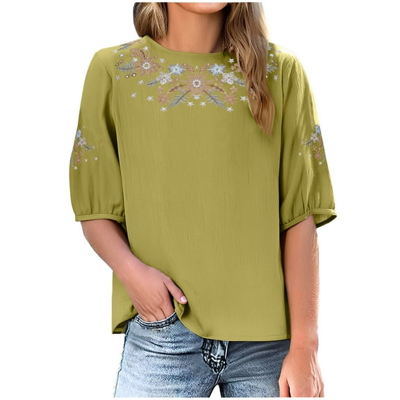 Ruimatai Women's Linen T-Shirt Short Sleeve Solid Color Top Breathable Soft Comfortable Casual Summer Blouse