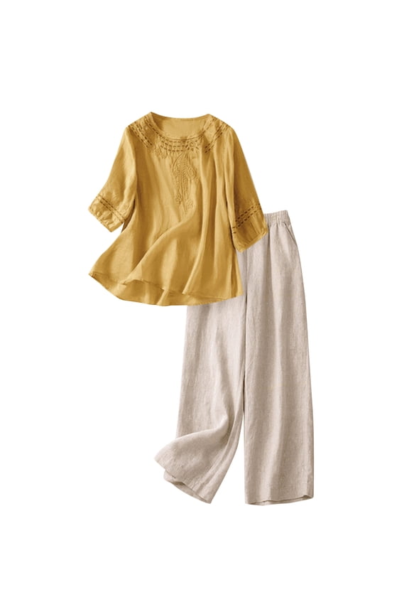 Women's Linen Two Piece Set Embroidered Shirt and Wide Leg Pants Outfit Casual Comfortable Summer Boho Outfit with Pockets