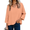 thumbnail image 1 of Ruimatai Women's Linen V-Neck Top Loose Fit Three Quarter Sleeve Casual Blouse With Curved Hem Comfortable Relaxed Tunic, 1 of 8