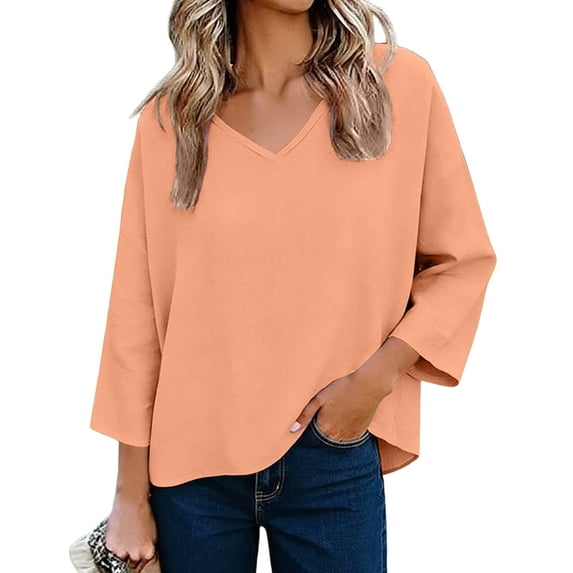 Ruimatai Women's Linen V-Neck Top Loose Fit Three Quarter Sleeve Casual Blouse With Curved Hem Comfortable Relaxed Tunic