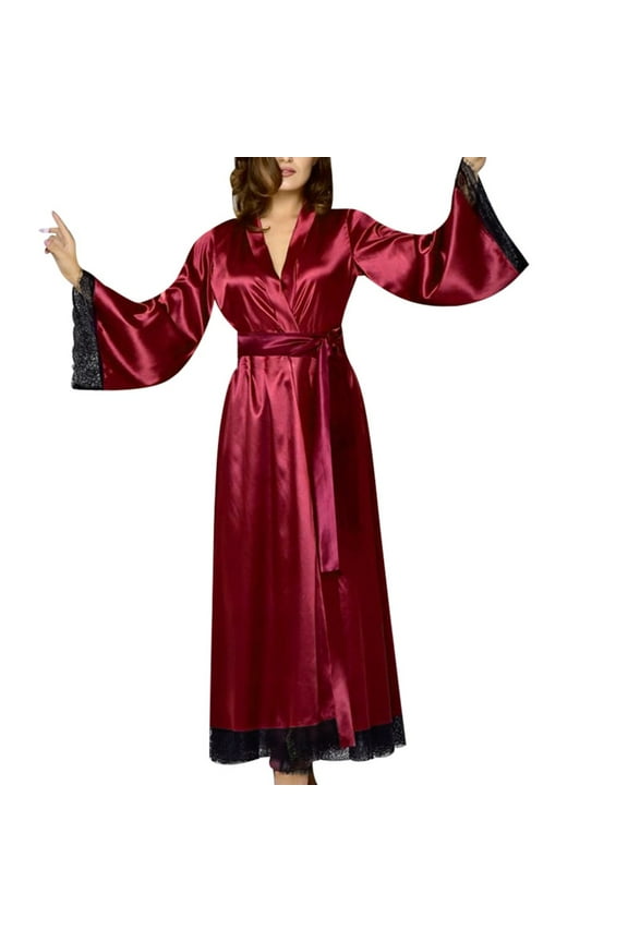 Women's Long Lace Kimono Robe Soft Polyester Bathrobe Dressing Gown Nightwear With Belt S-3XL