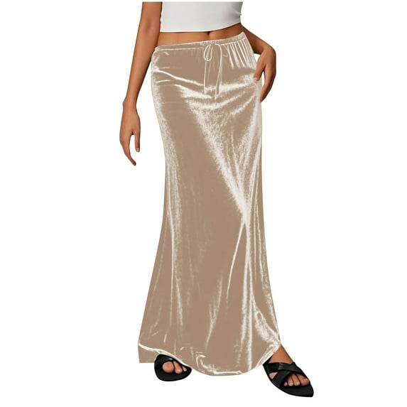 Ruimatai Women's Long Maxi Skirt Solid Color Elastic Waist Casual Flowy Comfortable Lightweight Polyester Summer Spring Skirt for Daily Wear