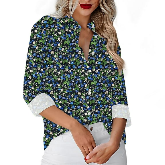 Ruimatai Women's Long Sleeve Blouse V-Neck Button Down Shirt Loose Fit Casual Work Office Top Comfortable Polyester Spandex Tunic Shirt for Business Date Vacation