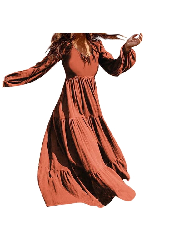 Women's Long Sleeve Boho Dress Lantern Sleeve Vintage Elegant Casual Maxi Dress Polyester Comfortable Flowy Plus Size M-5XL