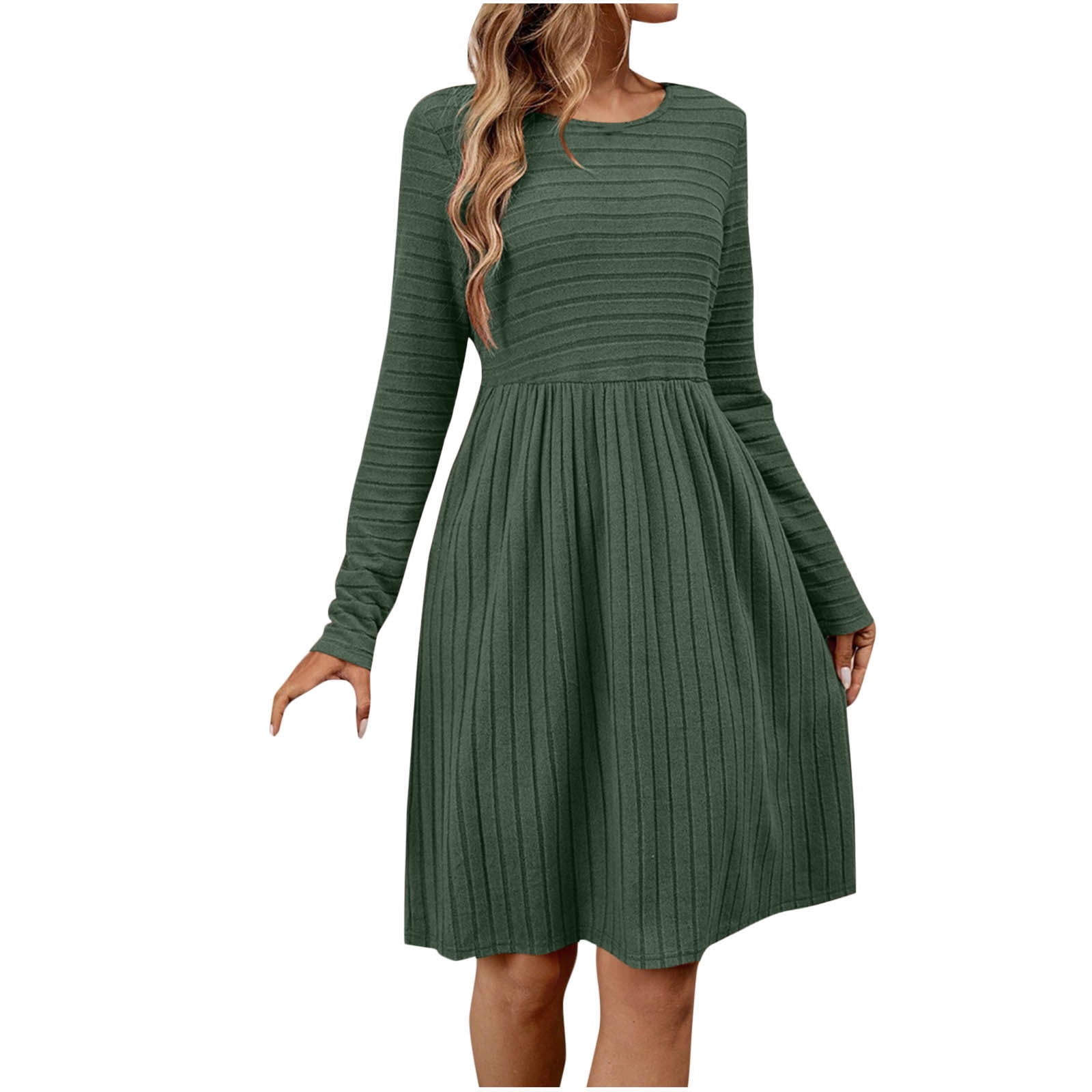 olive green dress with leggings Green Long Sleeve Casual Dress -SheIn(Sheinside)
