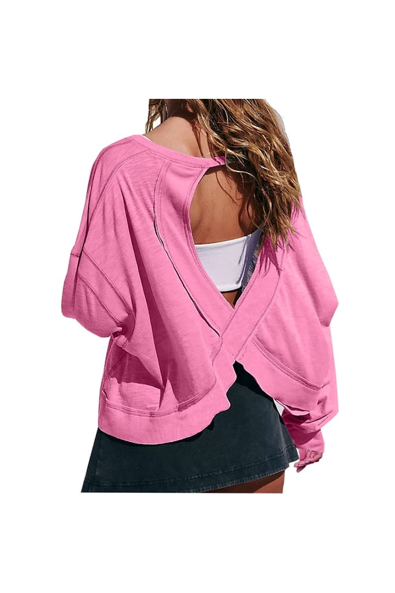 Women's Long Sleeve Open Back Shirt Casual Loose Fit Round Neck Cross Back Hollow Out Tops Comfortable Stretchy Yoga Tee