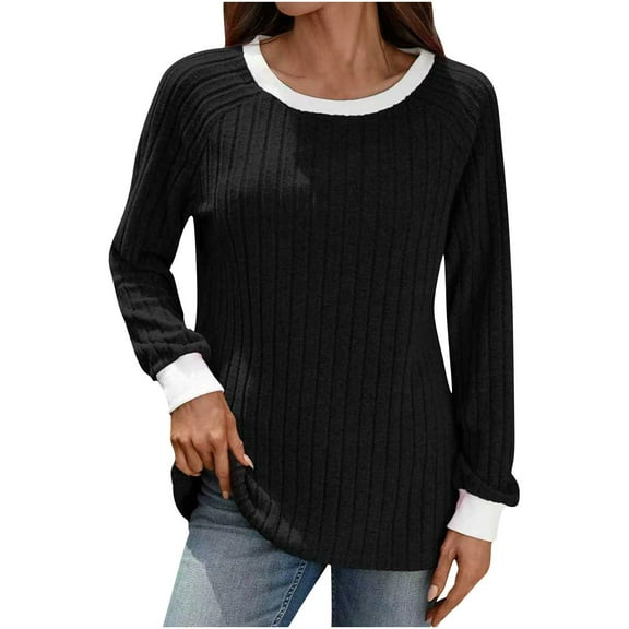 Ruimatai Women's Long Sleeve Ribbed Knit Top Casual Comfortable Stretch Blouse Shirt for Daily Wear
