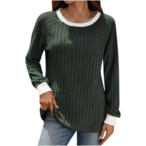 Ruimatai Women's Long Sleeve Ribbed Knit Top Casual Comfortable Stretch Blouse Shirt for Daily Wear