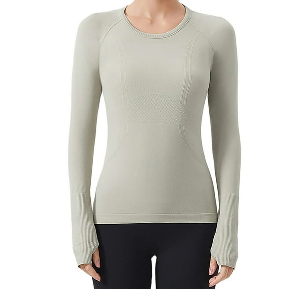 Ruimatai Women's Long Sleeve Seamless Yoga Top Workout Shirt Athletic Breathable Sportswear Gym Running Shirts Solid Color Round Neck