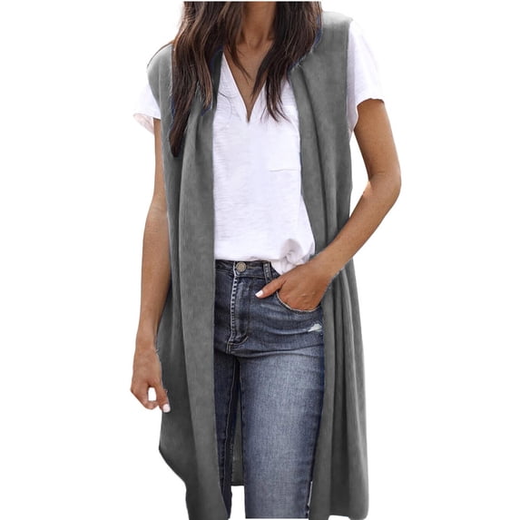Ruimatai Women's Long Sleeveless Cardigan Solid Open Front Lightweight Casual Blouse V-Neck Polyester Coat for Dating Party Work