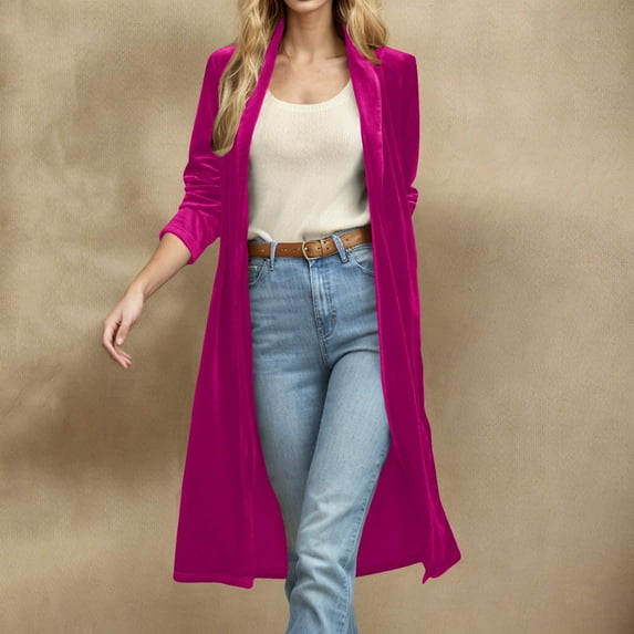 Ruimatai Women's Long Velvet Jacket Open Front Cardigan Coat Fashion Solid Color Fall Winter Long Sleeve Trench Coat Outerwear