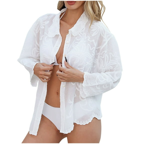 Ruimatai Women's Loose Casual Lapel Embroidered Cardigan Sun Protection Blouse Lightweight Comfortable Long Sleeve Shirt