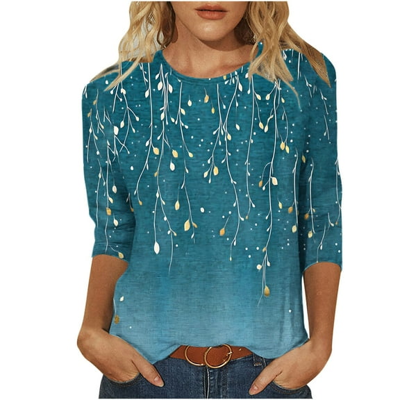 Ruimatai Women's Loose T-Shirt 3/4 Sleeve Blouse Round Neck Casual Comfortable Printed Top Fashion Trendy Soft Breathable