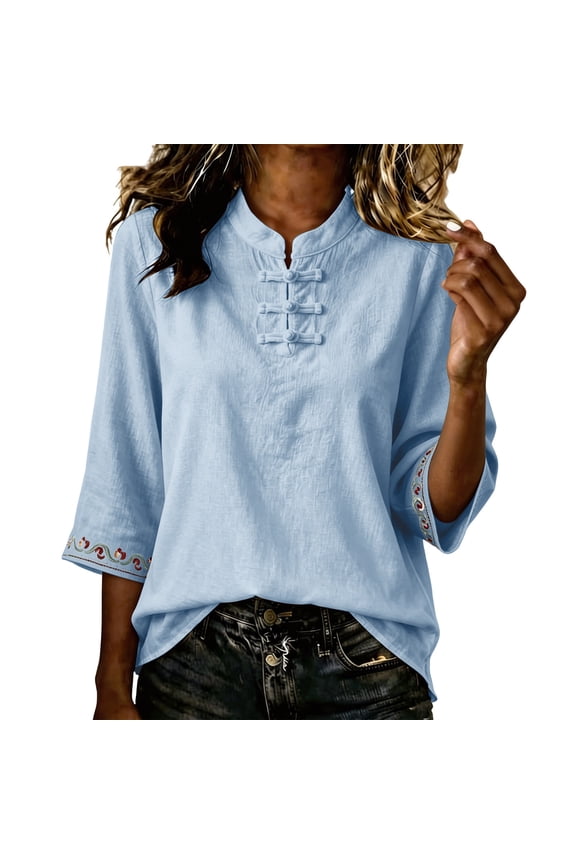 Women's Mandarin Collar Blouses Frog Buttons Embroidery Three Quarter Sleeve Casual Shirts for Vintage Vacation Daily Wear