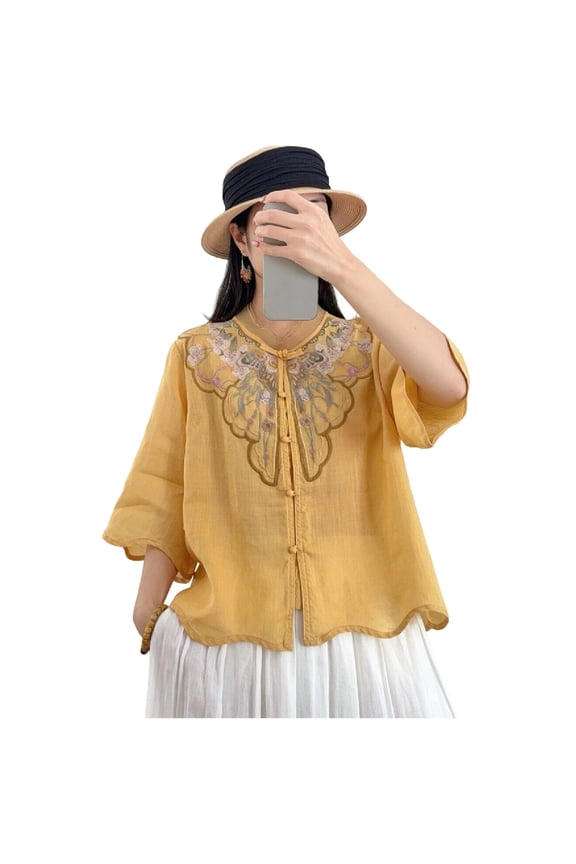 Women's Mandarin Collar Floral Embroidery Half Sleeve Loose Fit Casual Blouses for Women Daily Summer All-Day Comfort Wear