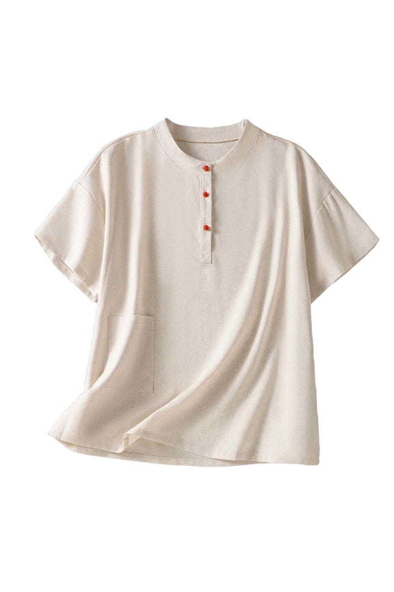 Women's Mandarin Collar Short Sleeve Button Detail Loose Fit Casual Tops for Women Summer Everyday & Loungewear