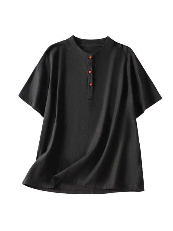 Women's Mandarin Collar Short Sleeve Button Detail Loose Fit Casual Tops for Women Summer Everyday & Loungewear