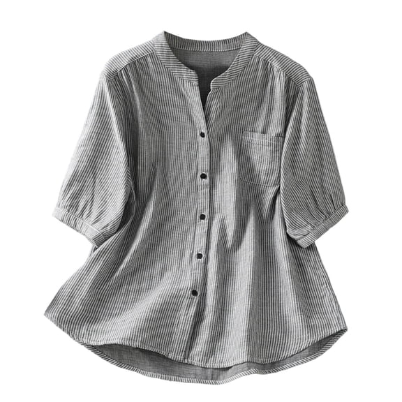 Ruimatai Women's Mandarin Collar Striped Half Button Three Quarter Sleeve Loose Fit Casual Shirts for Women All-Day Comfort