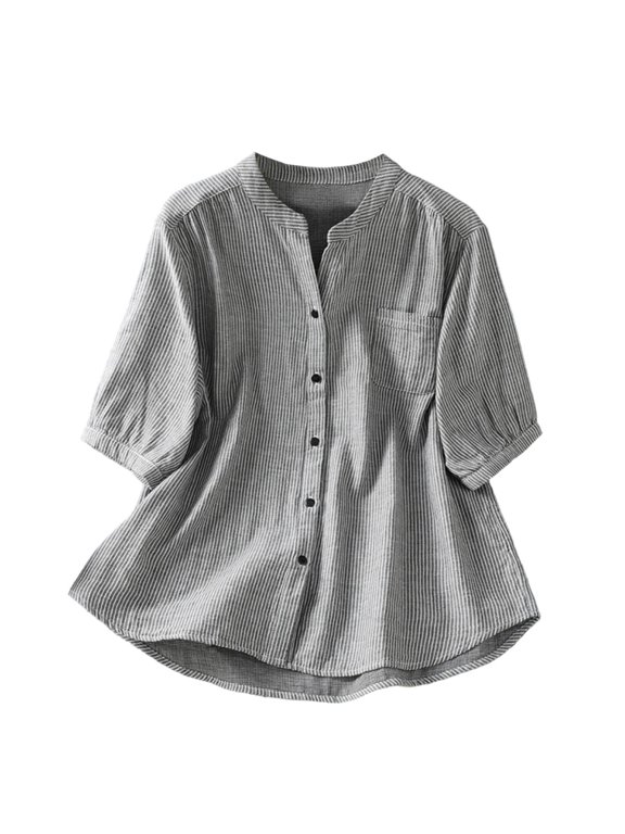 Women's Mandarin Collar Striped Half Button Three Quarter Sleeve Loose Fit Casual Shirts for Women All-Day Comfort