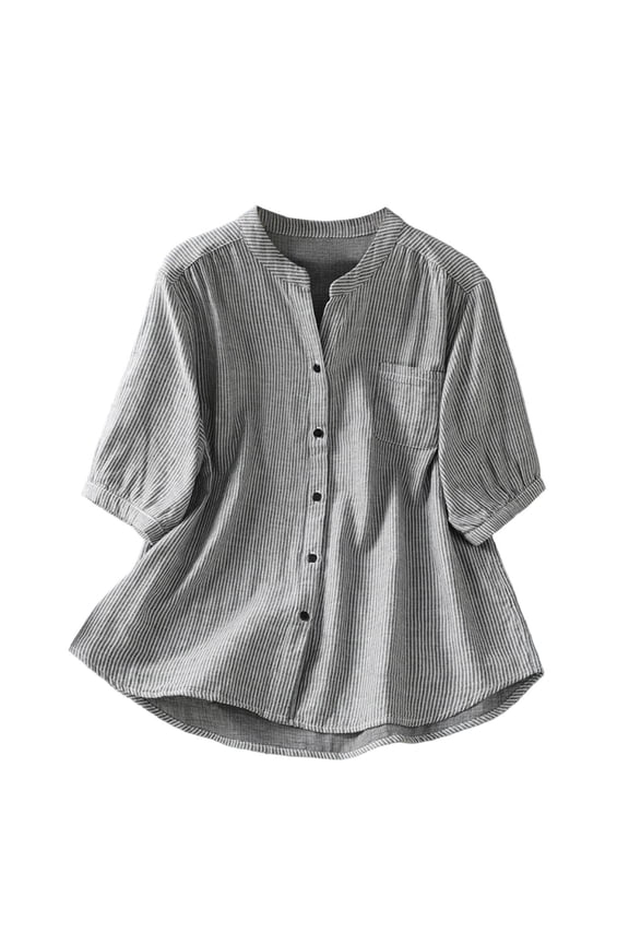 Women's Mandarin Collar Striped Half Button Three Quarter Sleeve Loose Fit Casual Shirts for Women All-Day Comfort
