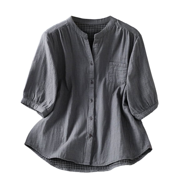 Ruimatai Women's Mandarin Collar Striped Half Button Three Quarter Sleeve Loose Fit Casual Shirts for Women All-Day Comfort